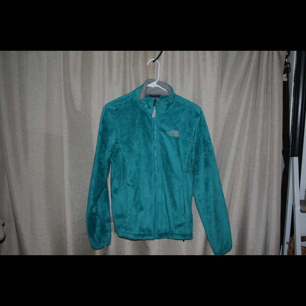 Blue, fuzzy North Face jacket